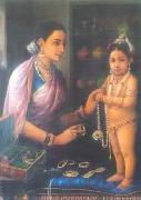Raja Ravi Varma Yashoda decorating Krishna oil painting artist